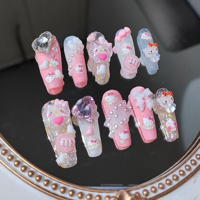 10PCS Sanrio Manicure Hello Kitty Cute Cartoon Resin Hand Carved Nail Three Dimensional Relief Kawaii Girl Nail Decoration Gifts